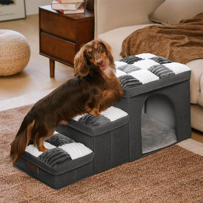 Scaletta per cani in plaid a scacchi, artigianale e con spazio di archiviazione - Multifunzione e pieghevole