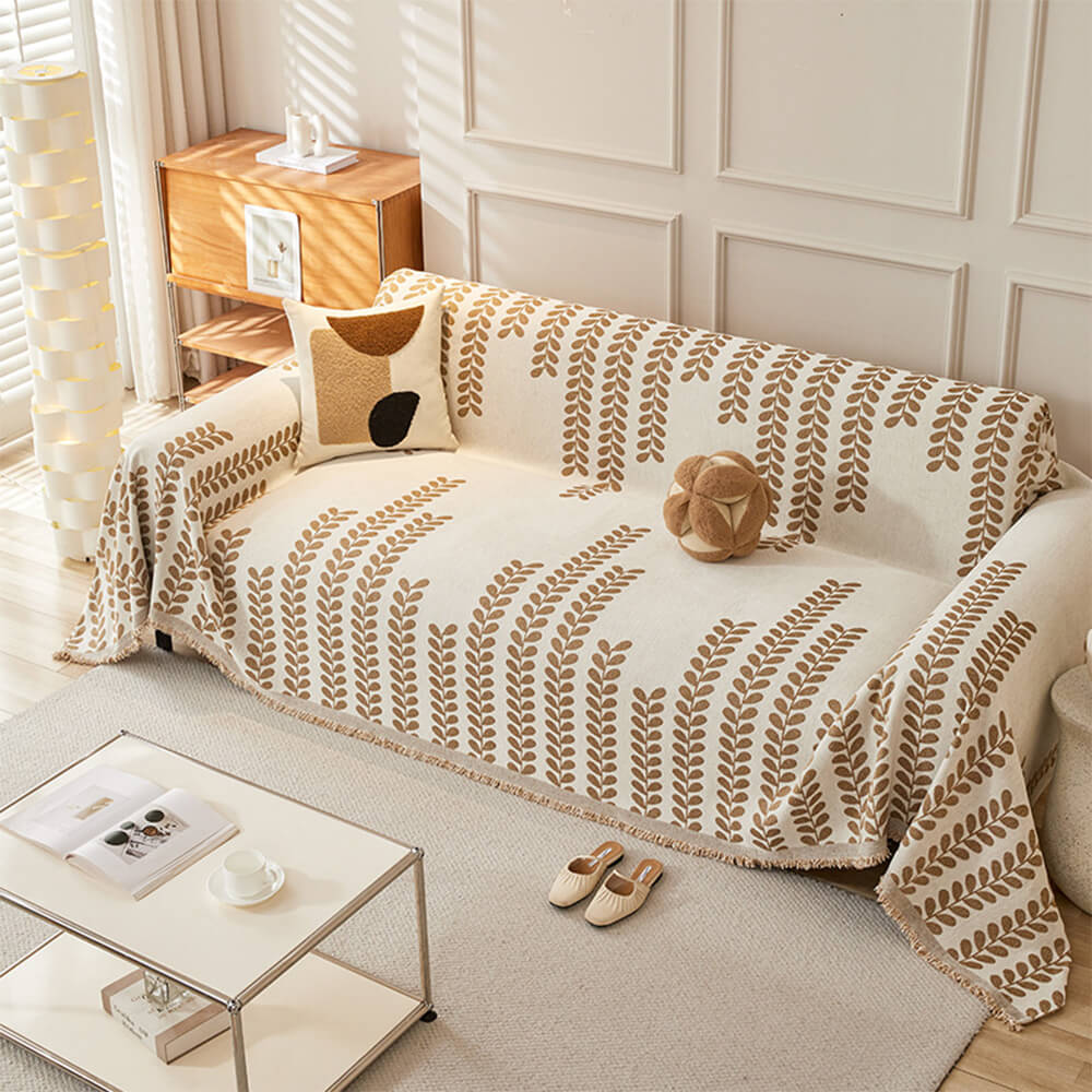 Copertura per Divano in Tessuto Chenille con Strisce a Foglia e Decorazione a Frange