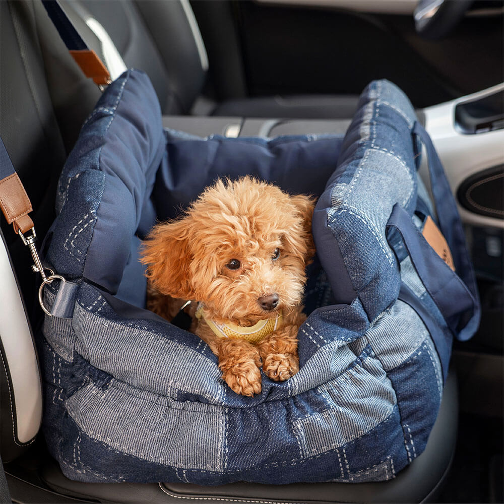 Sedile Auto per Cani con Bordo di Sicurezza – Stile Patchwork in Denim Vintage