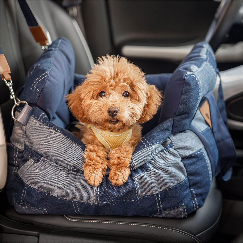 Sedile Auto per Cani con Bordo di Sicurezza – Stile Patchwork in Denim Vintage