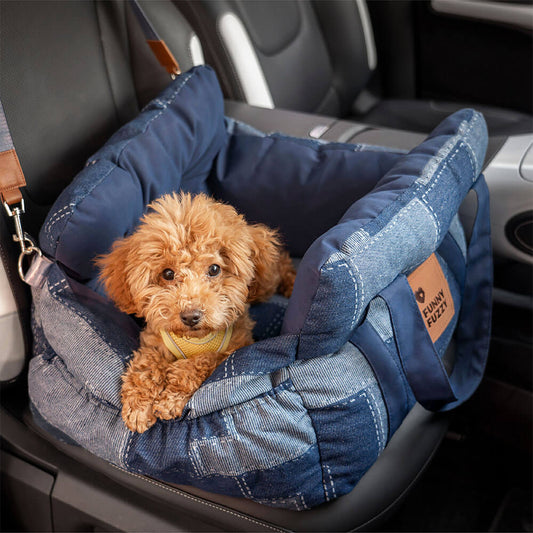 Sedile Auto per Cani con Bordo di Sicurezza – Stile Patchwork in Denim Vintage