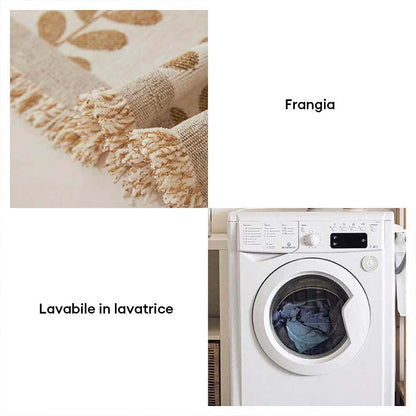 Copertura per Divano in Tessuto Chenille con Strisce a Foglia e Decorazione a Frange