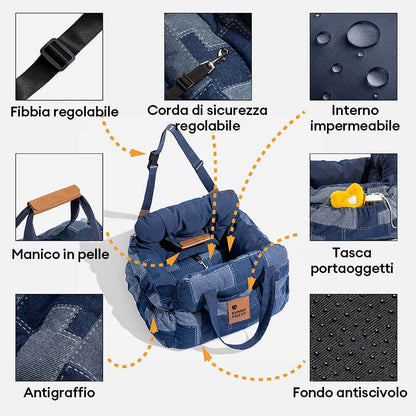 Sedile Auto per Cani con Bordo di Sicurezza – Stile Patchwork in Denim Vintage